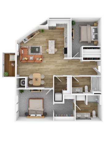 Floor plan for 2 beds, 2 baths, 1258 sqft